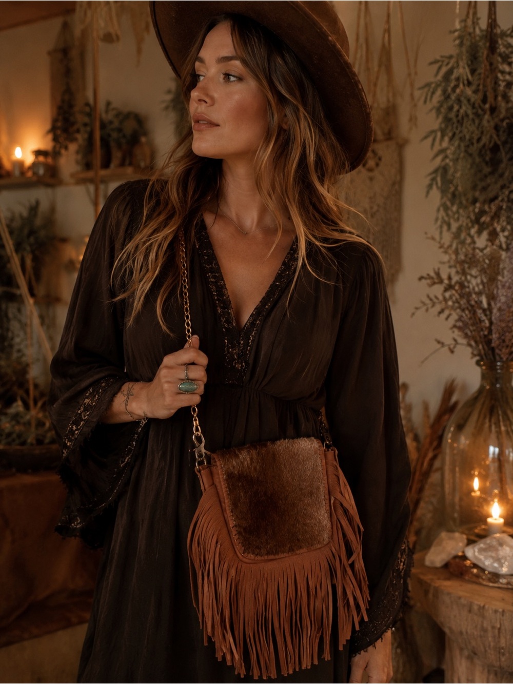 Montana West Brown Fringe Crossbody with Fur Panel